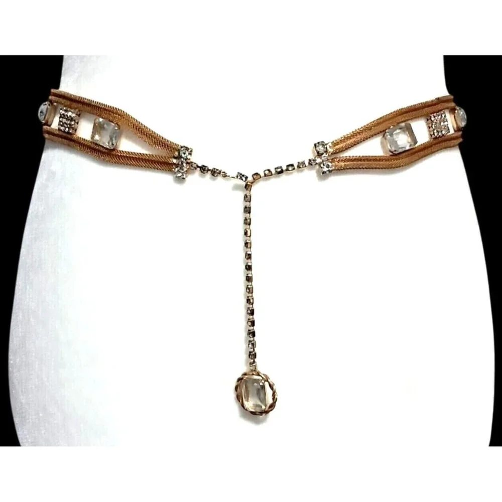 Vintage Rhinestone Belt Clear Stones Gold Tone Mesh Adjustable Dangling Charm Co